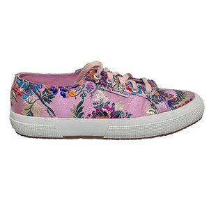 Superga Pink Satin and Embroidered Flowers Low Top Sneakers Size 7 1/2”